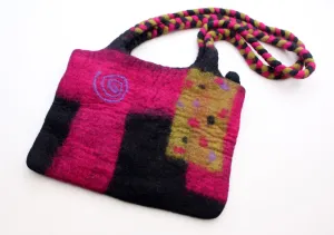 Colorful Pink Green and Black Felt Wool Women Carry Bag