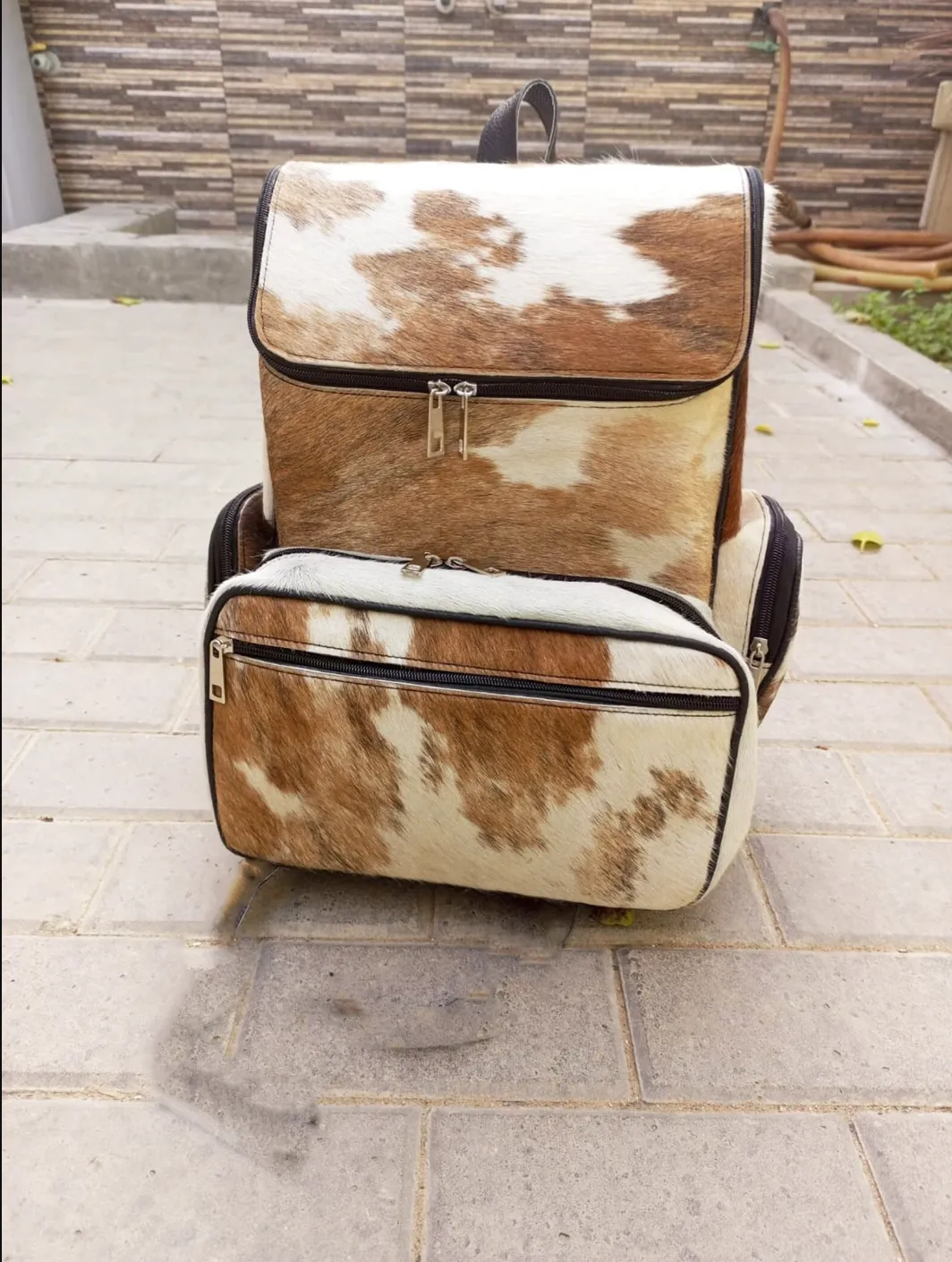 Cowhide Skin Tan White Backpack Bag