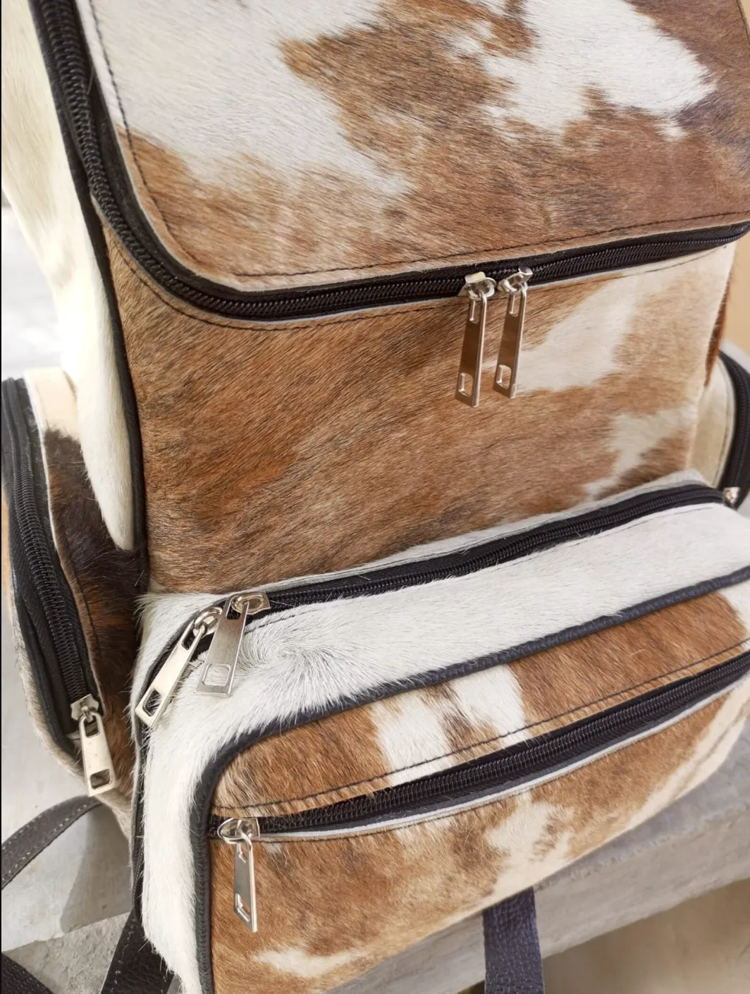 Cowhide Skin Tan White Backpack Bag