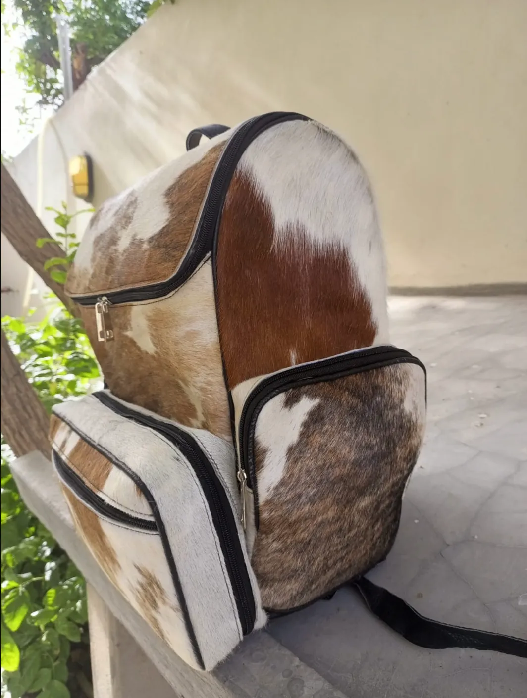 Cowhide Skin Tan White Backpack Bag