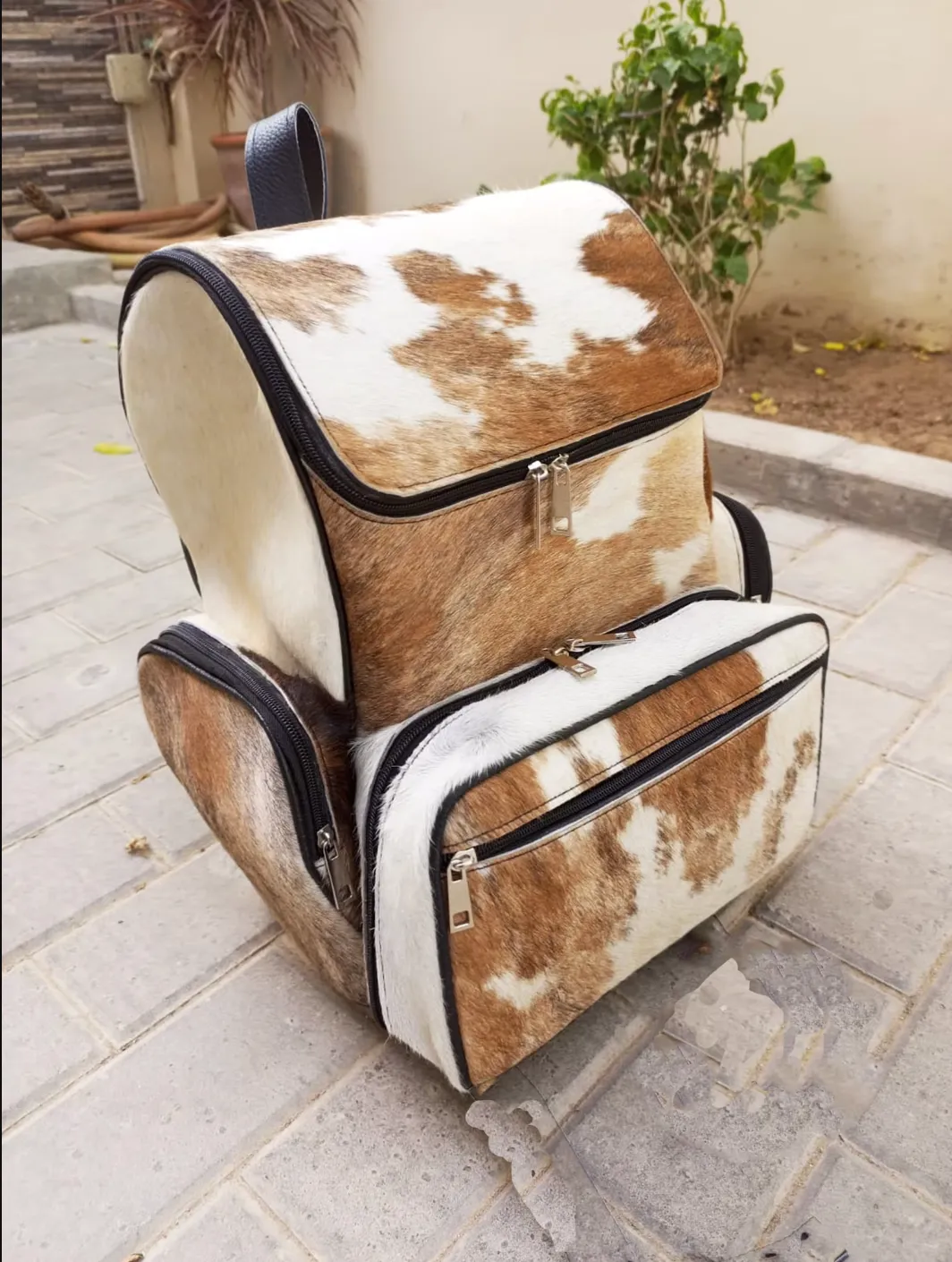 Cowhide Skin Tan White Backpack Bag