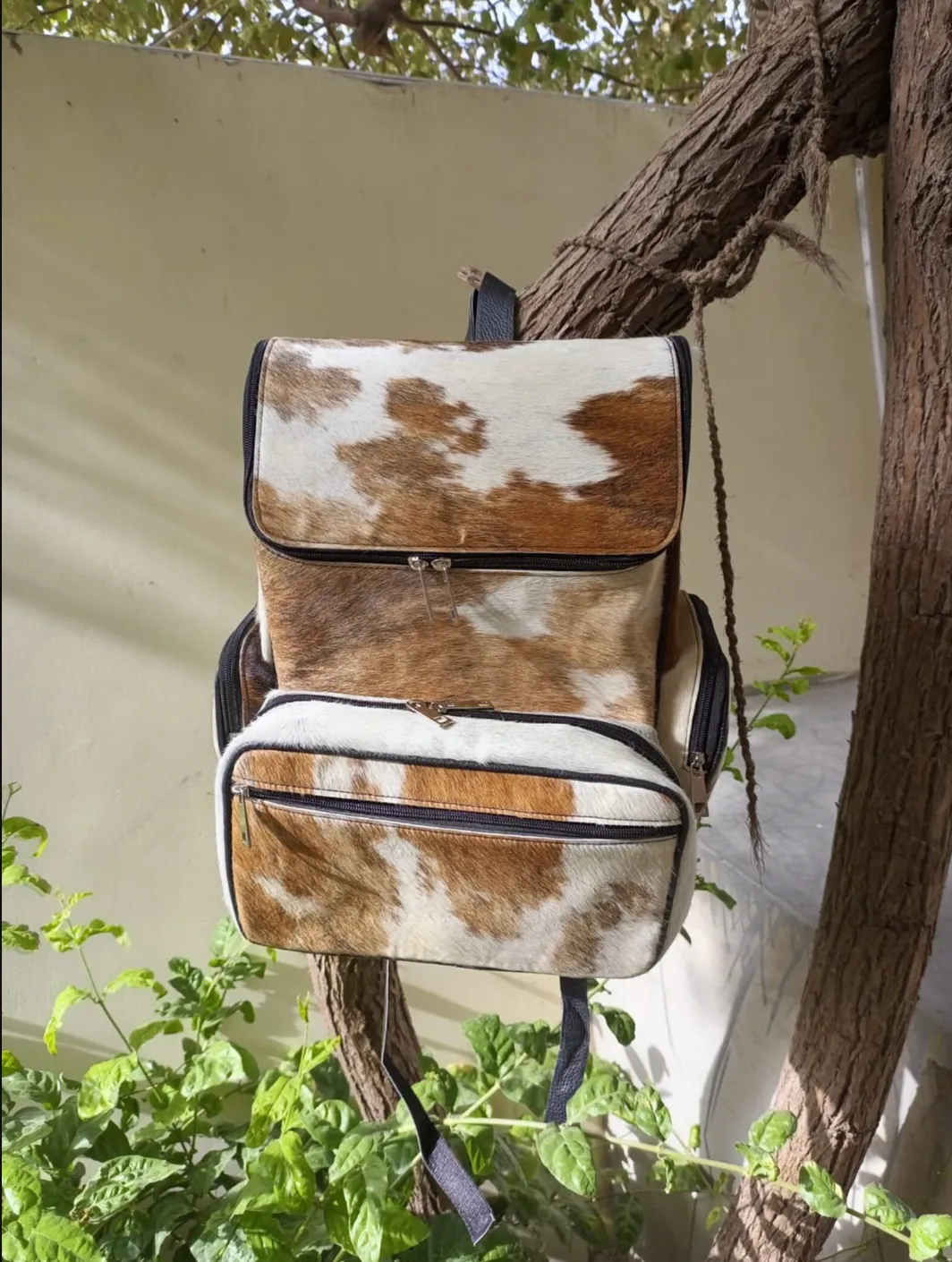 Cowhide Skin Tan White Backpack Bag