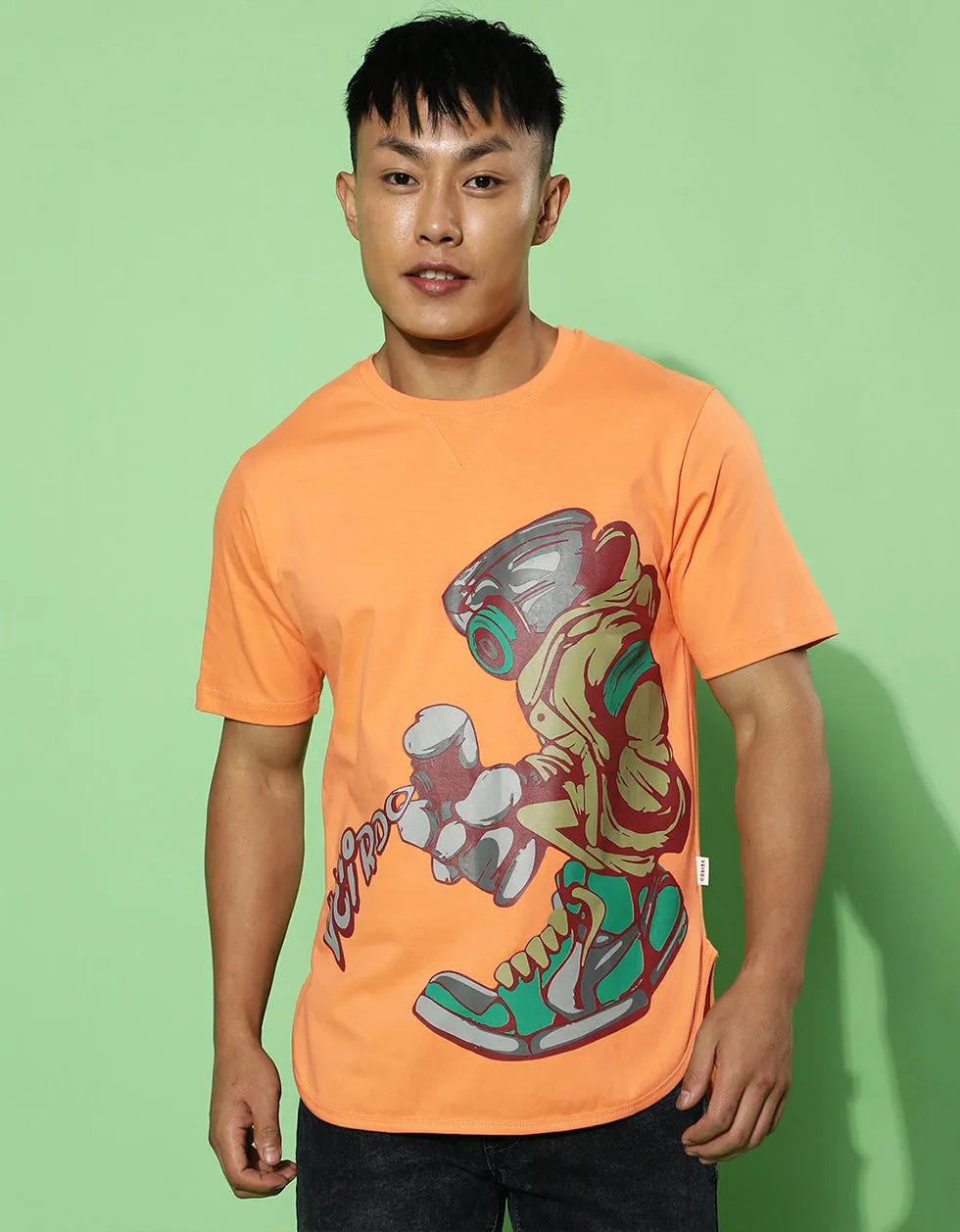 Crow Robo Orange Regular Fit Chest Graphic Printed Tshirt