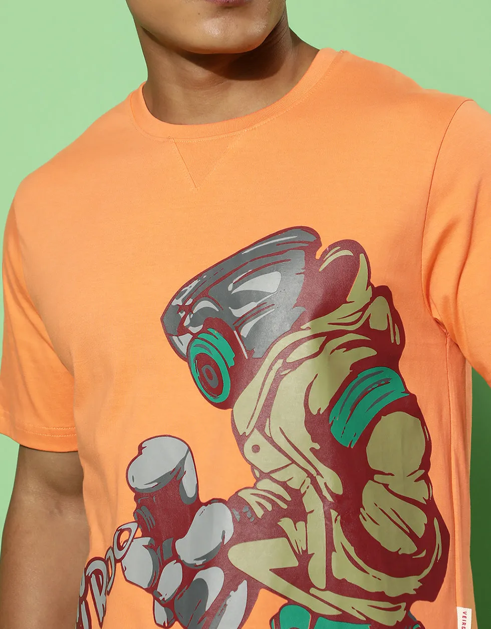 Crow Robo Orange Regular Fit Chest Graphic Printed Tshirt