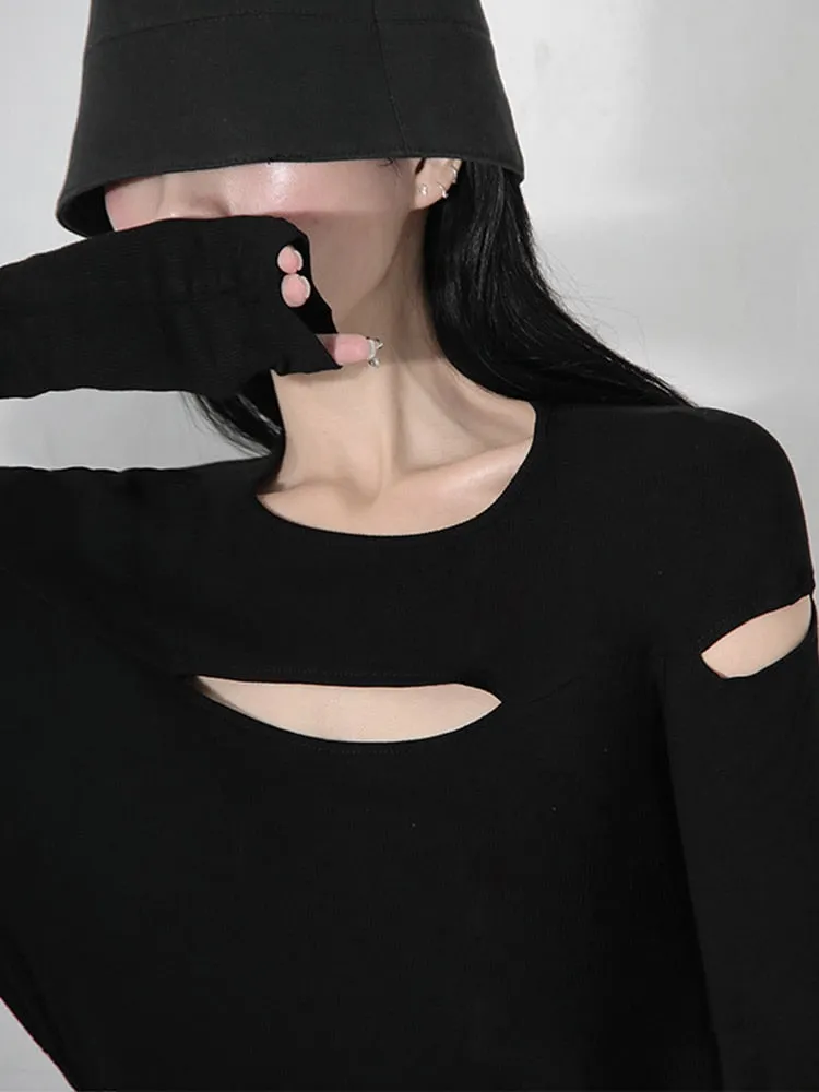 Cut Out Black T Shirt For Women Round Neck Long Sleeve Solid Minimalist T Shirts Female Fashion Clothing Style