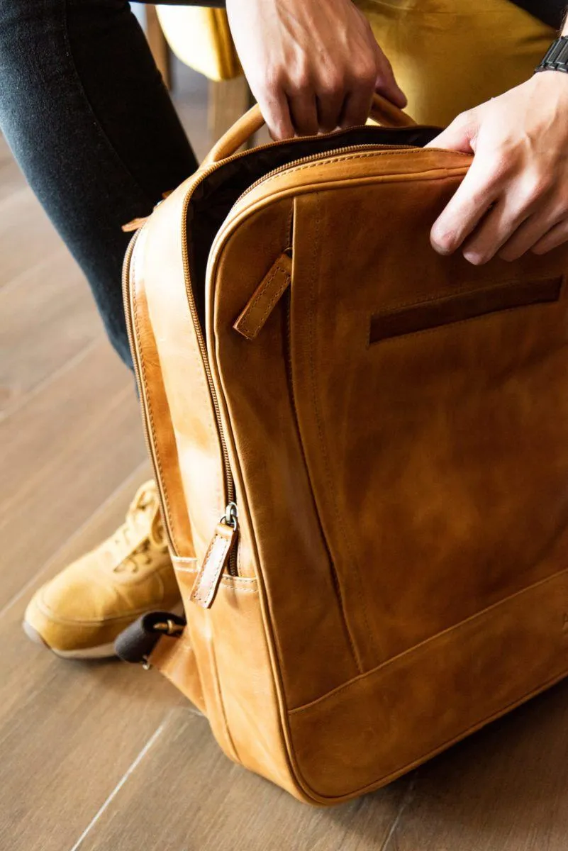 Double compartment backpack
 in Cognac Leather