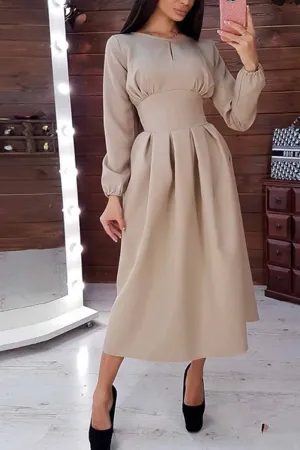 Dunnmall Elegant Solid Color Long Sleeves Midi Dresses