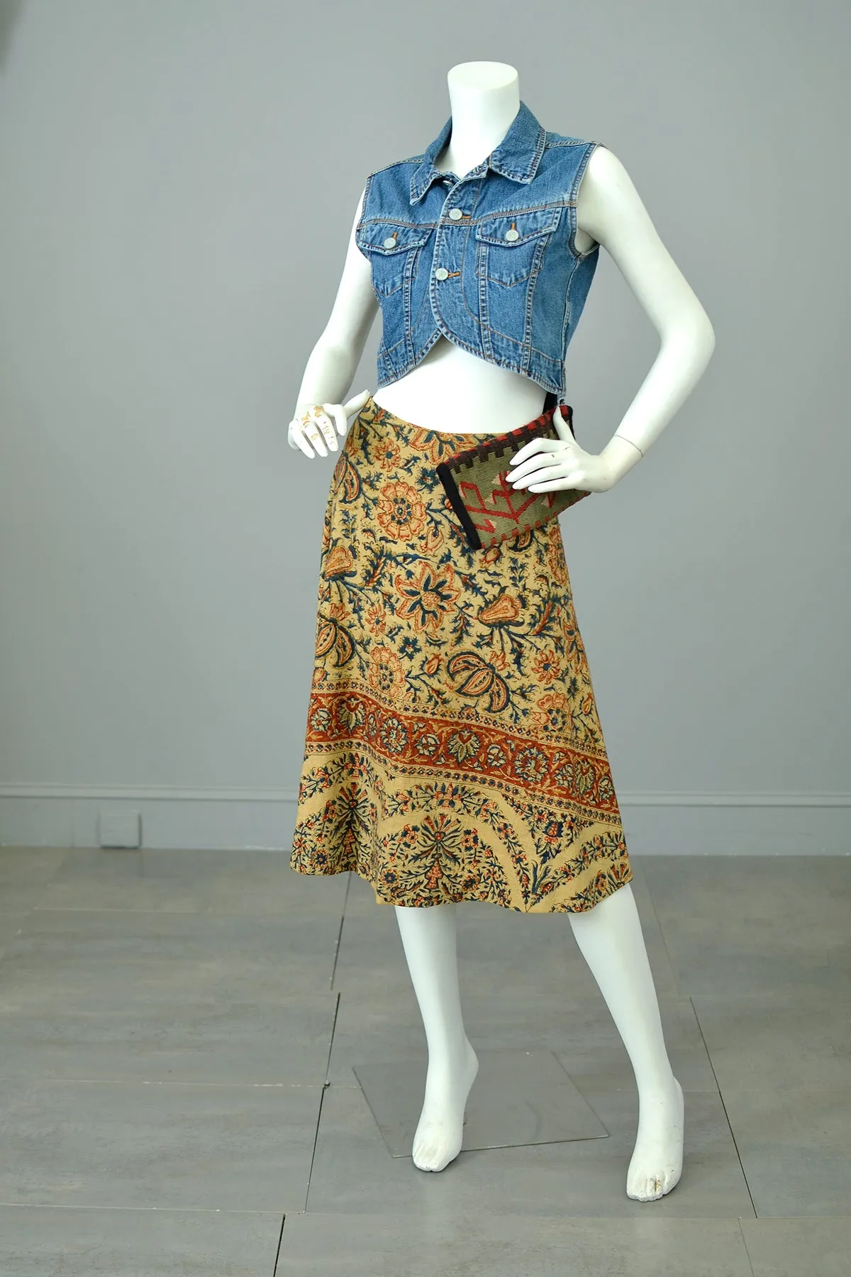 Early 1970s Retro Flowers Block Print Hippie Festival Skirt