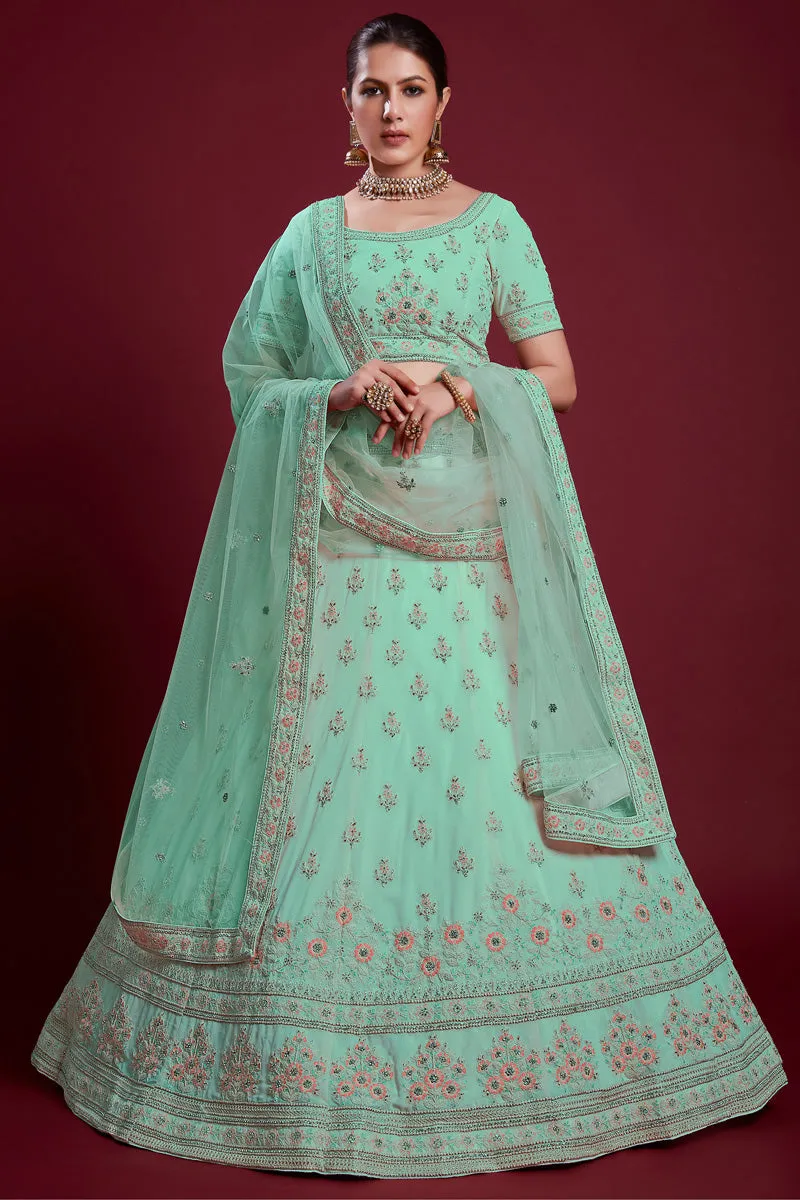 Elegant Georgette Cyan Color Lehenga With Embroidered And Thread Work