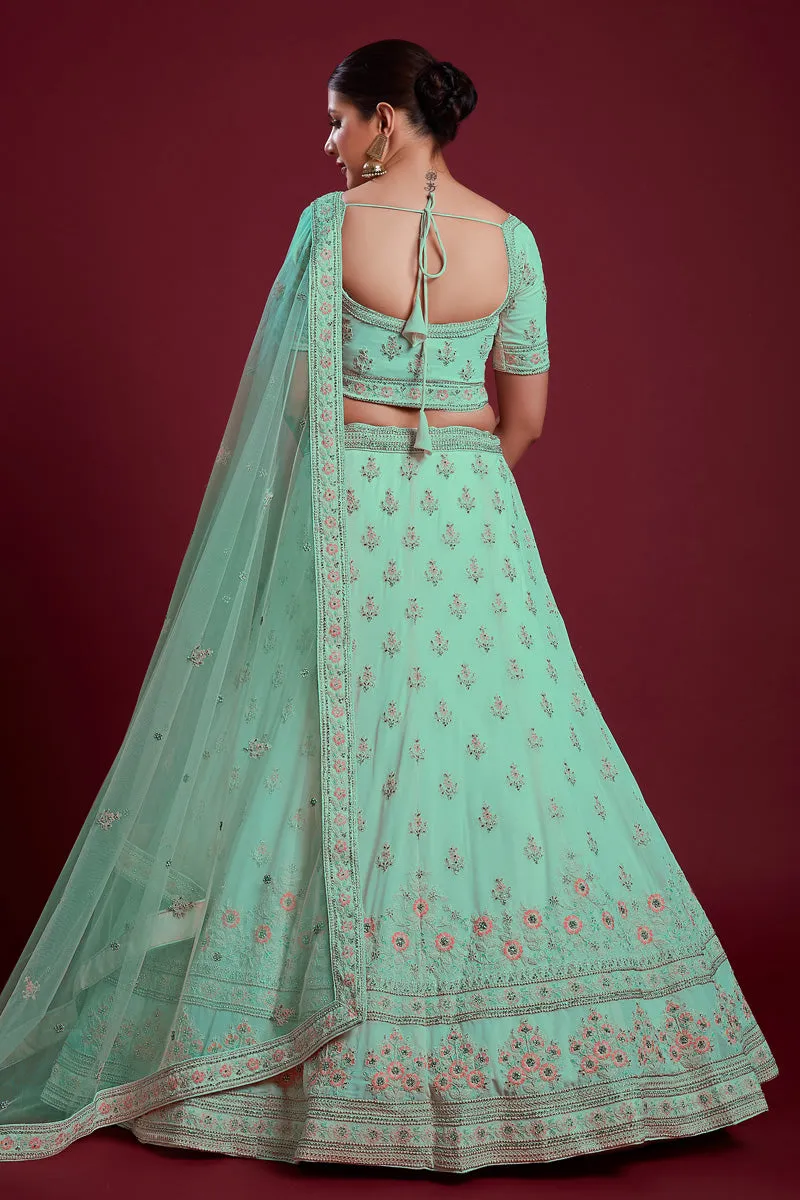 Elegant Georgette Cyan Color Lehenga With Embroidered And Thread Work