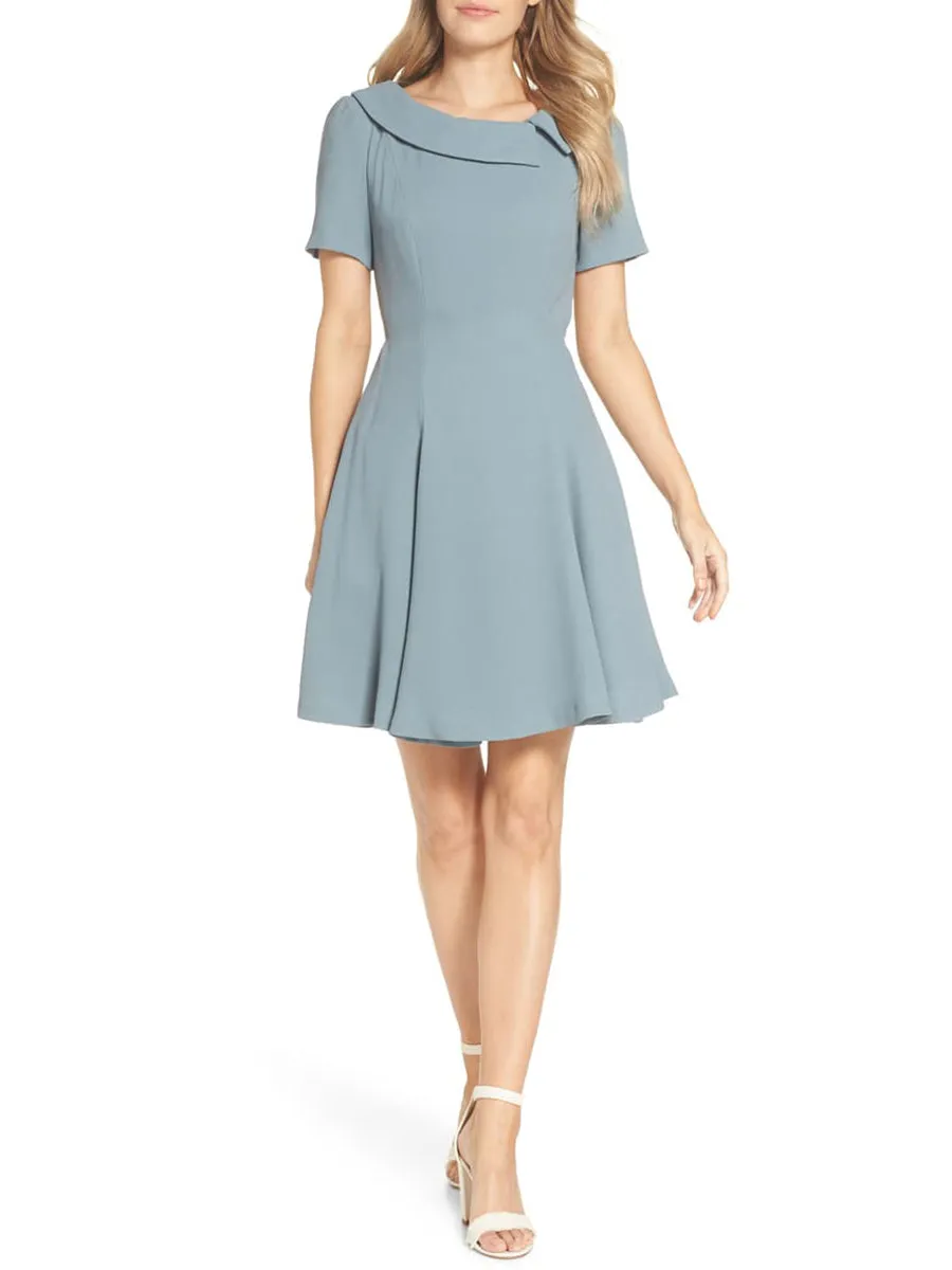 Elegant Lapel Short Sleeve Solid Color Midi Dress