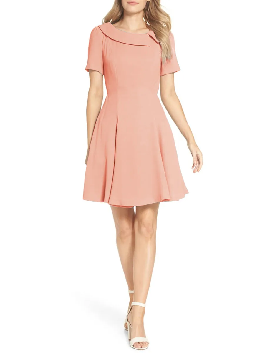 Elegant Lapel Short Sleeve Solid Color Midi Dress