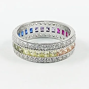 Elegant Multi Color CZ Eternity Band Multi Row Silver Ring