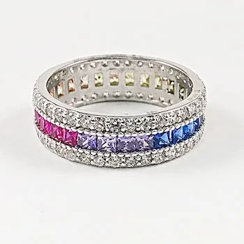 Elegant Multi Color CZ Eternity Band Multi Row Silver Ring