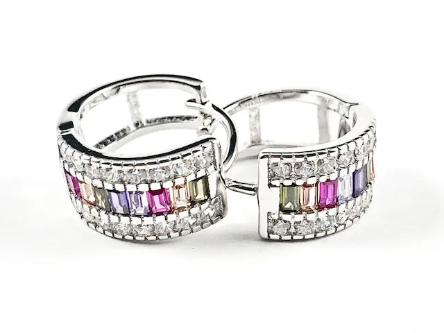 Elegant Multi Row & Color Micro Setting CZ Silver Huggie Earrings