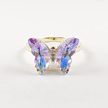 Elegant purple color cz butterfly gold tone silver ring