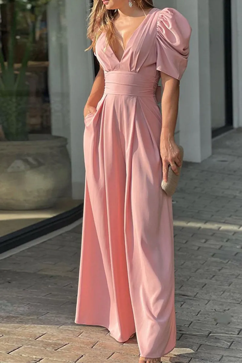 Elegant Solid Backless Solid Color V Neck Jumpsuits