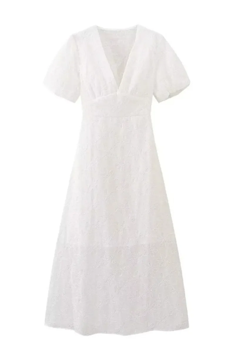 Elegant Solid Color Embroidered V Neck A Line Short Sleeve Dress