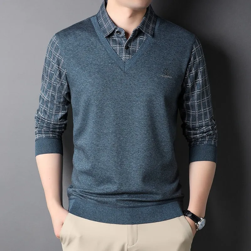 Fashion Brand Korean Knit Slim Fit Shirt For Men Long Sleeve Preppy Look Casual Mans Clothes