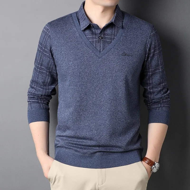 Fashion Brand Korean Knit Slim Fit Shirt For Men Long Sleeve Preppy Look Casual Mans Clothes