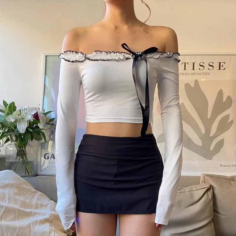 Fashion Chic Bow Skinny Crop Tops Off Shoulder Ruched Streetwear Bow Frills Party Women's T-shirts Spring Korean Cute