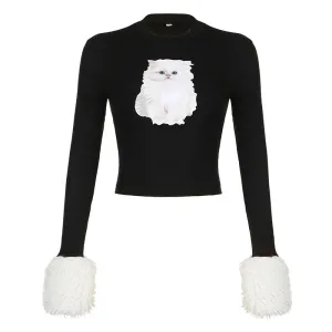 Fashion Fluffy Cat Print Winter T shirt Female Faux Fur Trim Long Sleeve Tee Kawaii Vintage Slim Crop Tops Round Neck