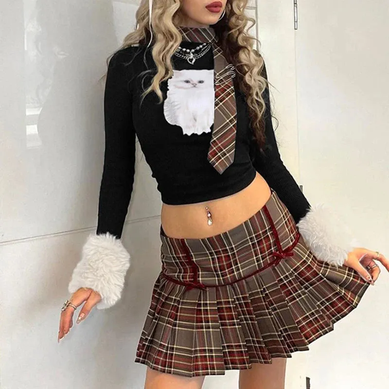 Fashion Fluffy Cat Print Winter T shirt Female Faux Fur Trim Long Sleeve Tee Kawaii Vintage Slim Crop Tops Round Neck