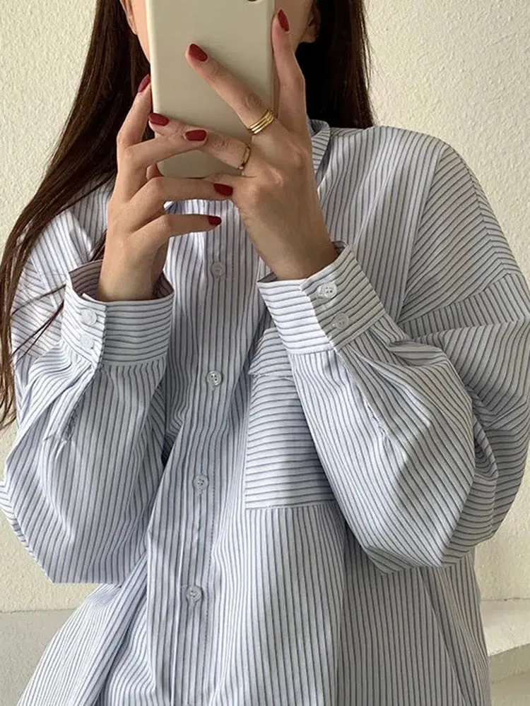 Fashion Striped Shirts Casual Pocket Korean Oversize Long Sleeve Button Up Shirt Fall Simple Student Ladies Tops