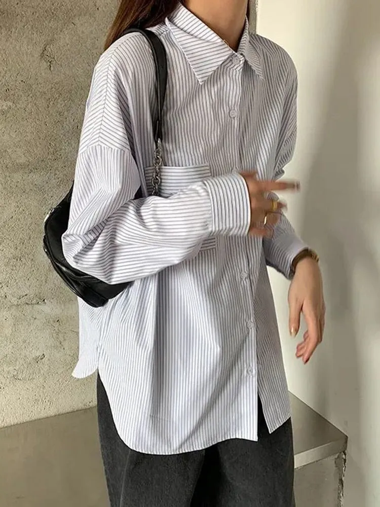 Fashion Striped Shirts Casual Pocket Korean Oversize Long Sleeve Button Up Shirt Fall Simple Student Ladies Tops