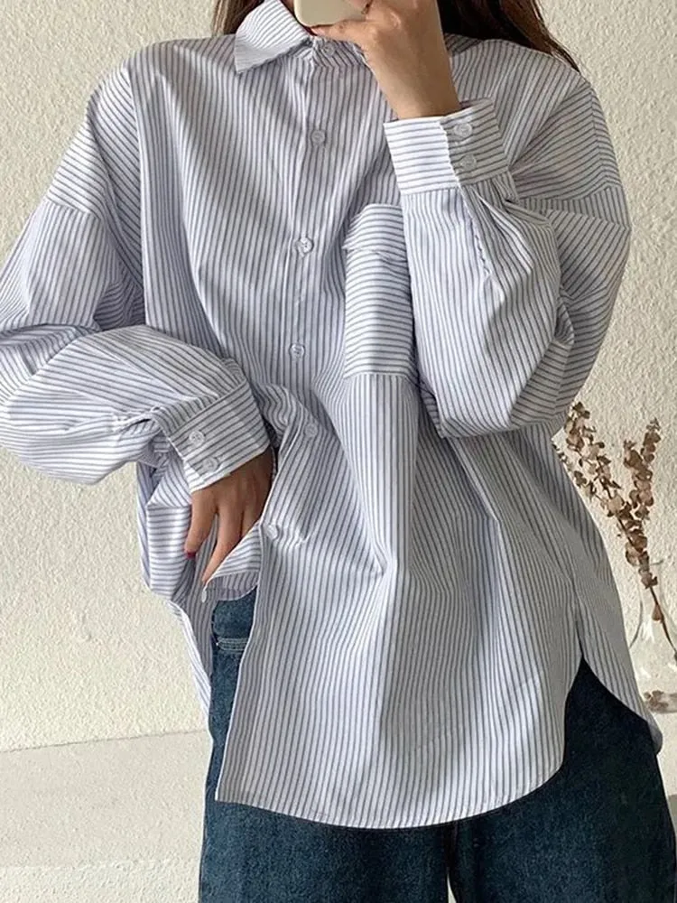 Fashion Striped Shirts Casual Pocket Korean Oversize Long Sleeve Button Up Shirt Fall Simple Student Ladies Tops