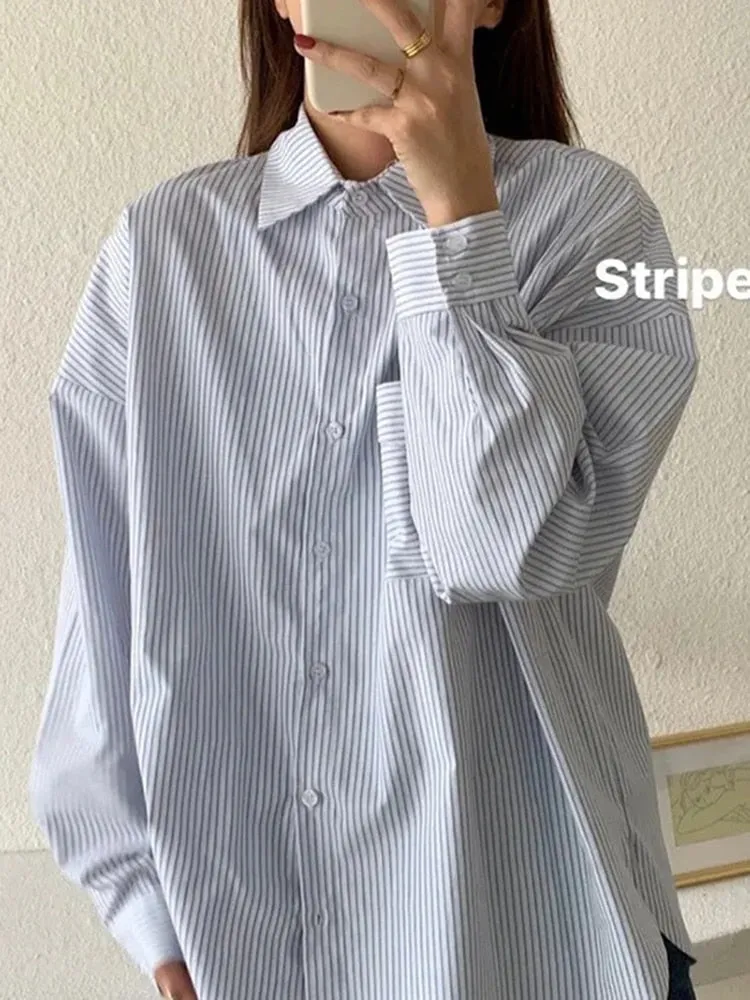 Fashion Striped Shirts Casual Pocket Korean Oversize Long Sleeve Button Up Shirt Fall Simple Student Ladies Tops