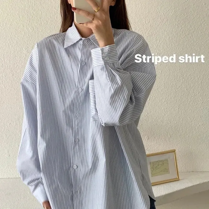 Fashion Striped Shirts Casual Pocket Korean Oversize Long Sleeve Button Up Shirt Fall Simple Student Ladies Tops