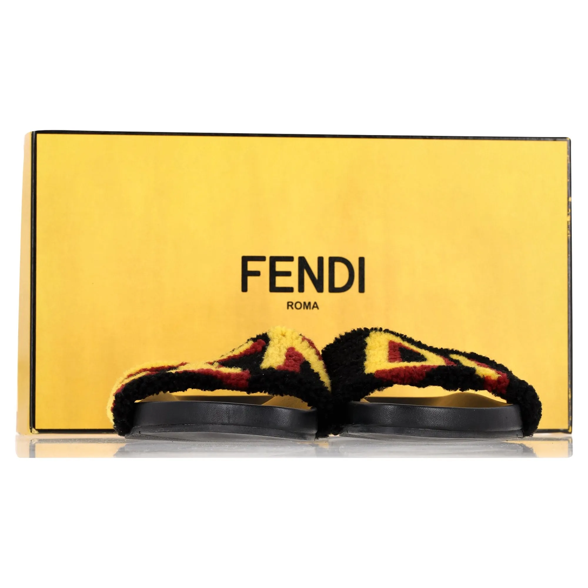 Fendi Shearling Logo Slides in Black Rubber