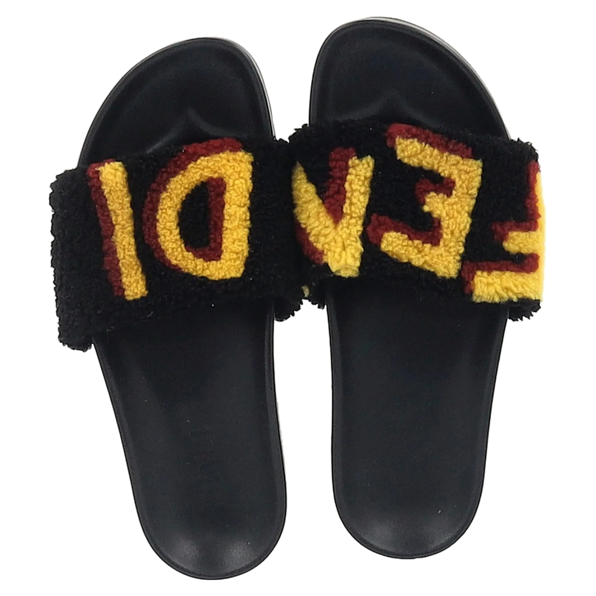 Fendi Shearling Logo Slides in Black Rubber