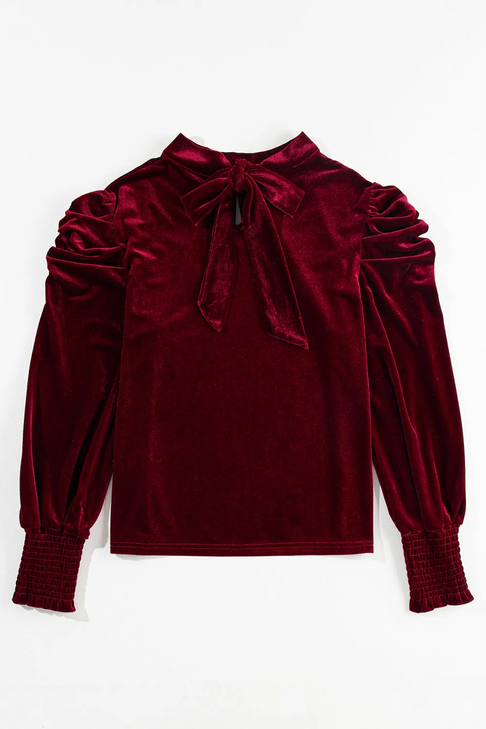 Fiery Red Mock Neck Puff Sleeve Velvet Blouse