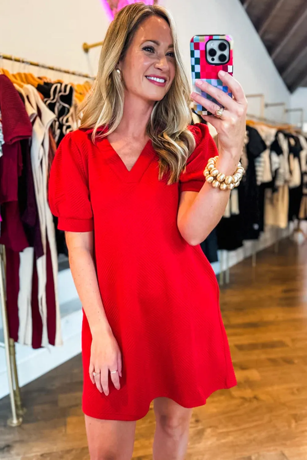 Fiery Red V Neck Puff Sleeve Textured Mini Dress