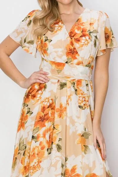 Floral Tie Back Short Sleeve Slit Maxi Dress