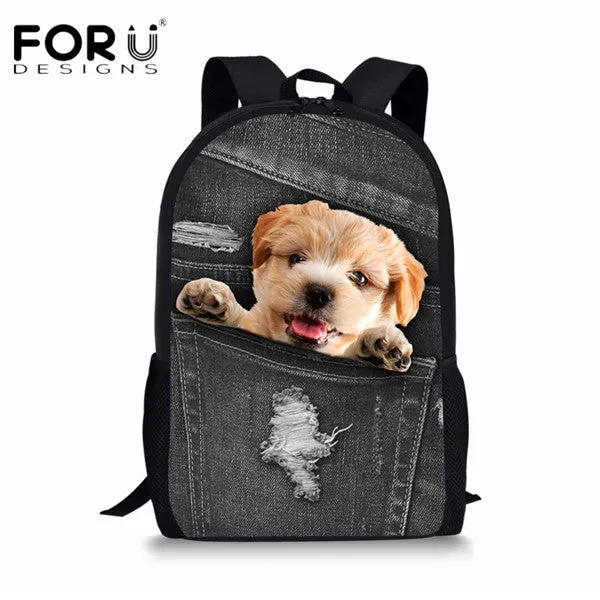 FORUDESIGNS Children School Bags for Teenage Girls Cute Denim Cat Dog Schoolbags Kids Bookbag 3D Cartoon Animal Backpack Mochila