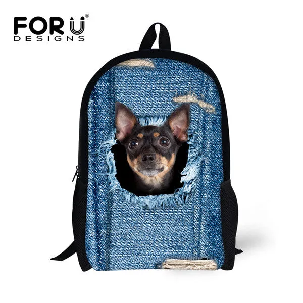 FORUDESIGNS Children School Bags for Teenage Girls Cute Denim Cat Dog Schoolbags Kids Bookbag 3D Cartoon Animal Backpack Mochila