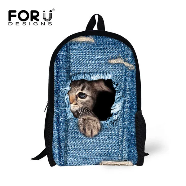 FORUDESIGNS Children School Bags for Teenage Girls Cute Denim Cat Dog Schoolbags Kids Bookbag 3D Cartoon Animal Backpack Mochila