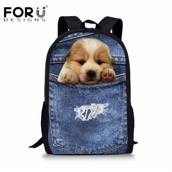 FORUDESIGNS Children School Bags for Teenage Girls Cute Denim Cat Dog Schoolbags Kids Bookbag 3D Cartoon Animal Backpack Mochila