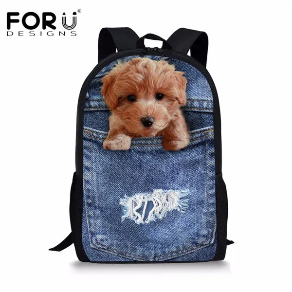 FORUDESIGNS Children School Bags for Teenage Girls Cute Denim Cat Dog Schoolbags Kids Bookbag 3D Cartoon Animal Backpack Mochila