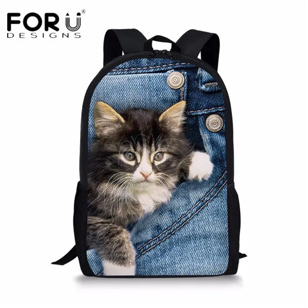 FORUDESIGNS Children School Bags for Teenage Girls Cute Denim Cat Dog Schoolbags Kids Bookbag 3D Cartoon Animal Backpack Mochila