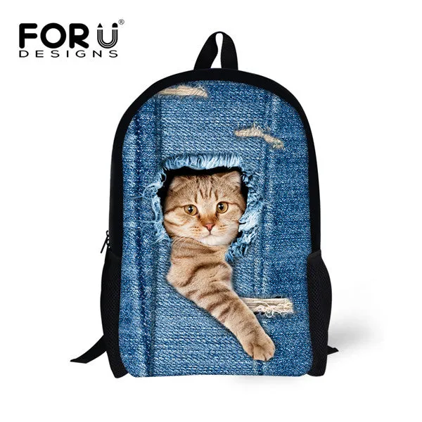 FORUDESIGNS Children School Bags for Teenage Girls Cute Denim Cat Dog Schoolbags Kids Bookbag 3D Cartoon Animal Backpack Mochila