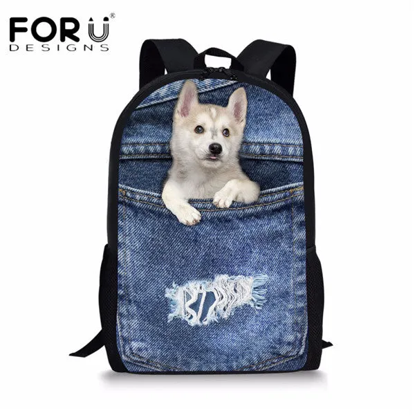 FORUDESIGNS Children School Bags for Teenage Girls Cute Denim Cat Dog Schoolbags Kids Bookbag 3D Cartoon Animal Backpack Mochila