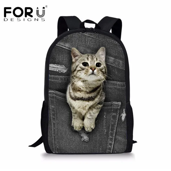 FORUDESIGNS Children School Bags for Teenage Girls Cute Denim Cat Dog Schoolbags Kids Bookbag 3D Cartoon Animal Backpack Mochila