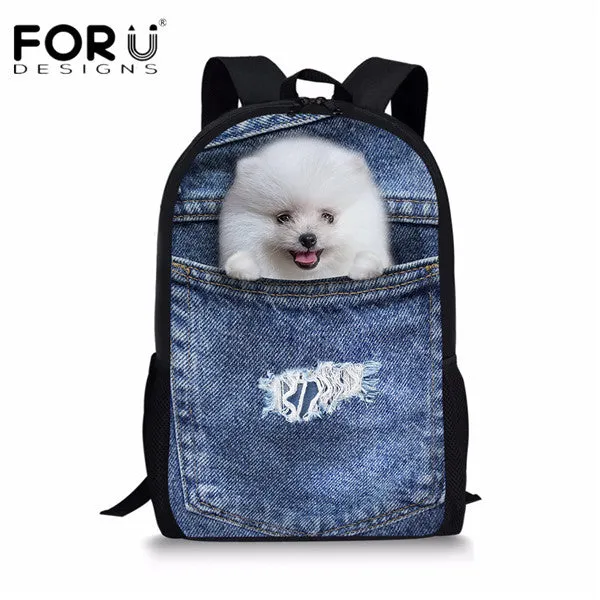 FORUDESIGNS Children School Bags for Teenage Girls Cute Denim Cat Dog Schoolbags Kids Bookbag 3D Cartoon Animal Backpack Mochila