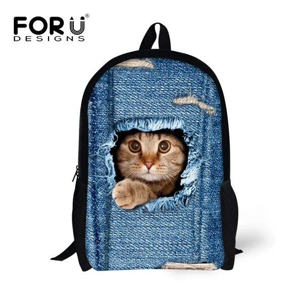 FORUDESIGNS Children School Bags for Teenage Girls Cute Denim Cat Dog Schoolbags Kids Bookbag 3D Cartoon Animal Backpack Mochila