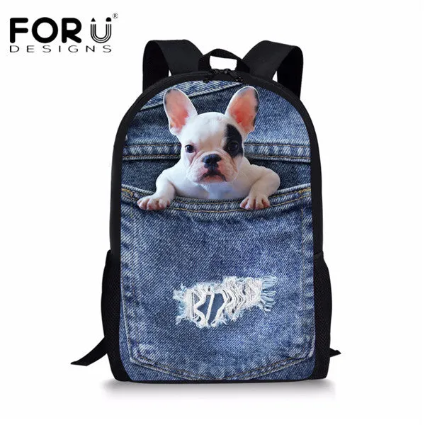 FORUDESIGNS Children School Bags for Teenage Girls Cute Denim Cat Dog Schoolbags Kids Bookbag 3D Cartoon Animal Backpack Mochila