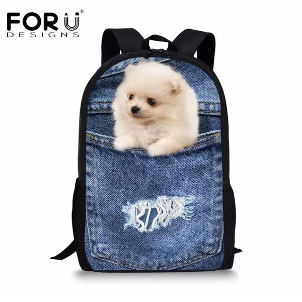 FORUDESIGNS Children School Bags for Teenage Girls Cute Denim Cat Dog Schoolbags Kids Bookbag 3D Cartoon Animal Backpack Mochila